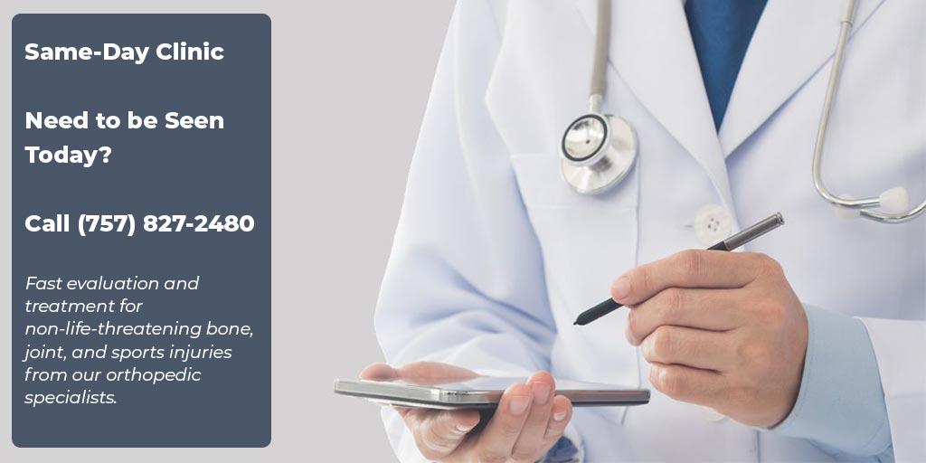 Doctor in a white coat using a digital tablet, alongside text promoting Tidewater Orthopaedics’ same‑day clinic and phone number for fast orthopedic evaluation.