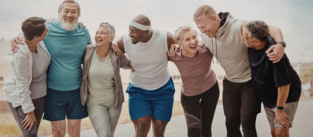 A group of older adults enjoying the outdoors, arms around eachothers shoulders