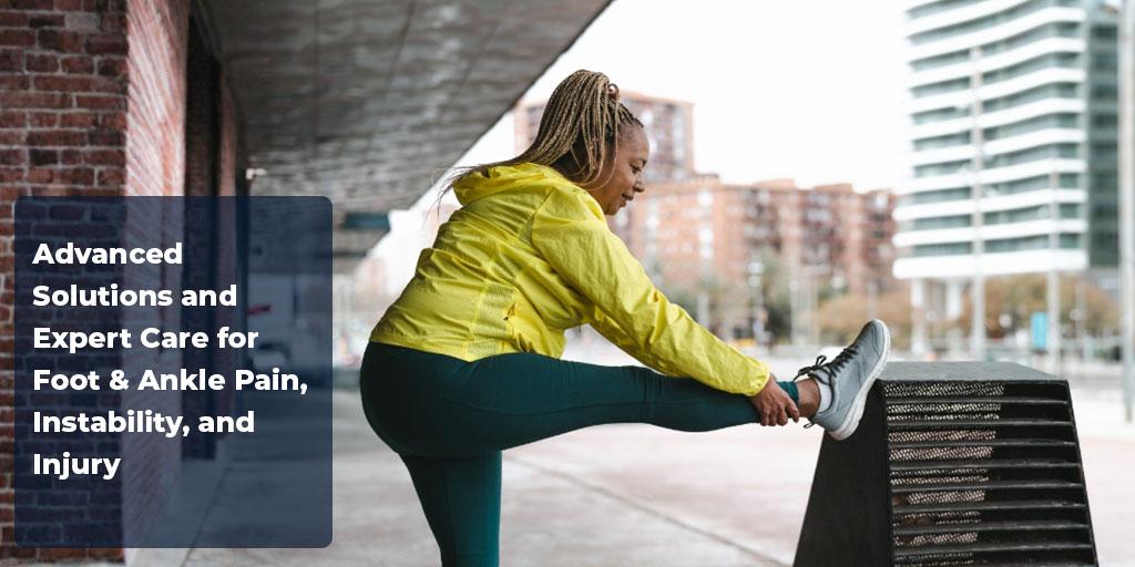 Person in athletic clothing stretching their leg outdoors by placing a foot on a ledge, with text about expert foot and ankle pain and injury care at Tidewater Orthopaedics.