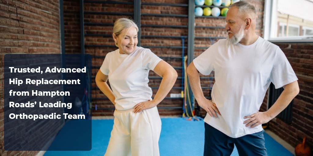 Older adults participating in a light exercise warm‑up together in a gym setting, with text promoting trusted, advanced hip replacement care from Tidewater Orthopaedics.