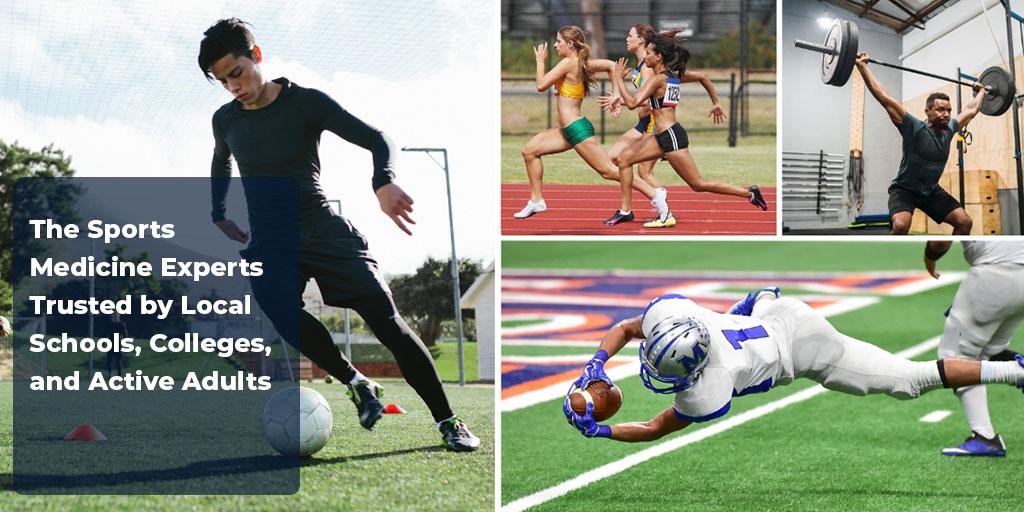 Collage showing various athletes running, lifting weights, and playing football, with text about sports medicine experts at Tidewater Orthopaedics serving local schools, colleges, and active adults.